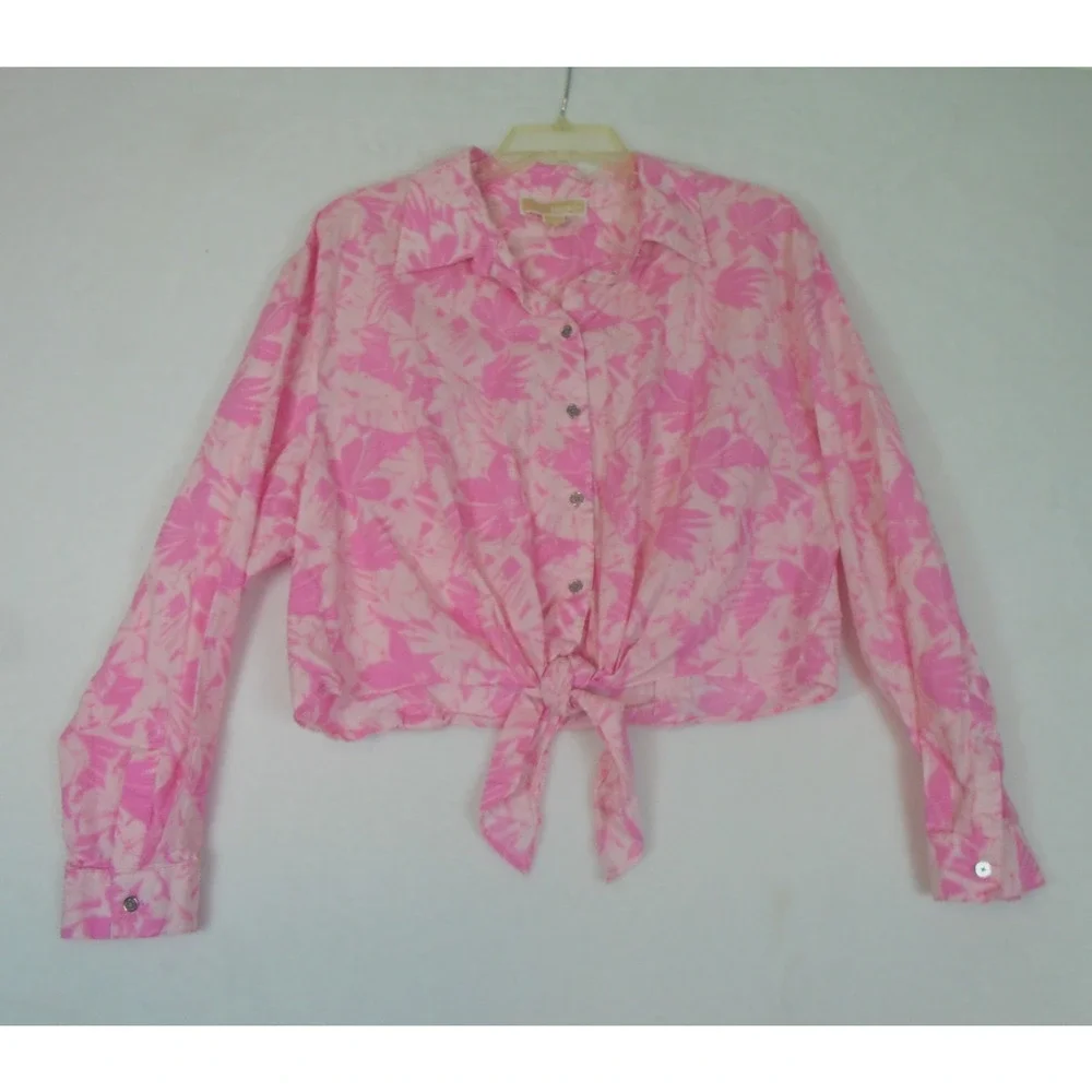 Michael Kors XL‎ Cropped Shirt Top Women Tie Dye Floral Print Pink Barbie